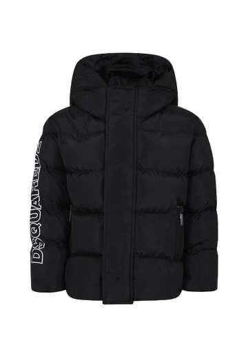 Giubbino imbottito con cappuccio e scritta sulla manica