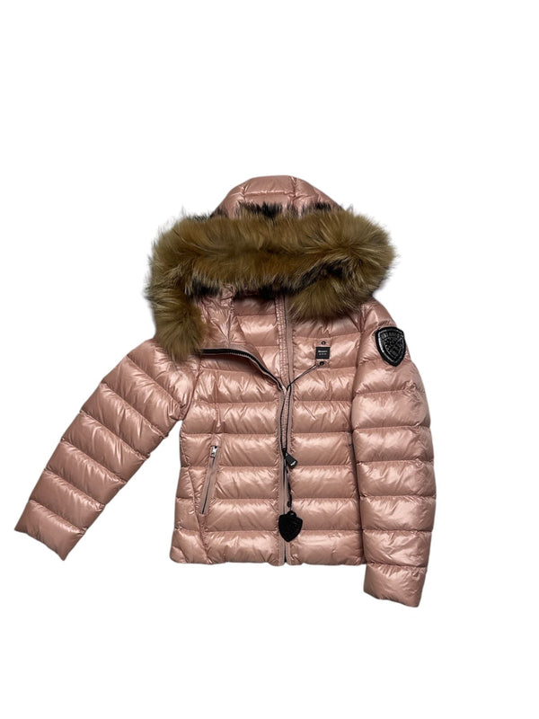 Giubbino corto imbottito in piuma d'oca con cappuccio con pelliccia naturale staccabie