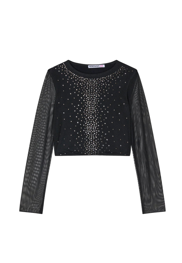 T-shirt manica lunga a rete e con strass