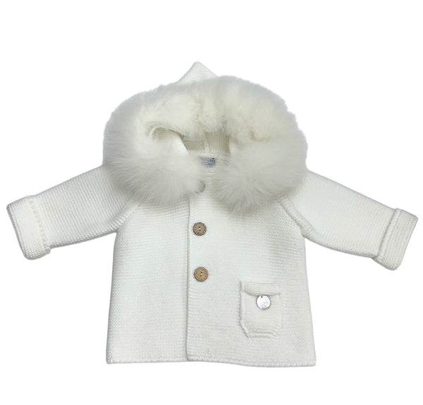 Cappottino in Filo di Cotone con Cappuccio Pelliccia, Bottoncini in Legno e Taschina