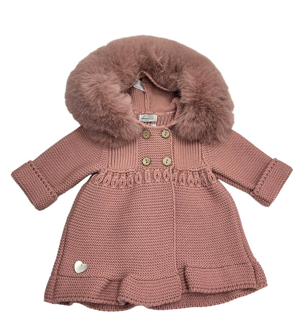 Cappottino Lungo in Filo di Cotone con Cappuccio Pelliccia, Bottoncini in Legno