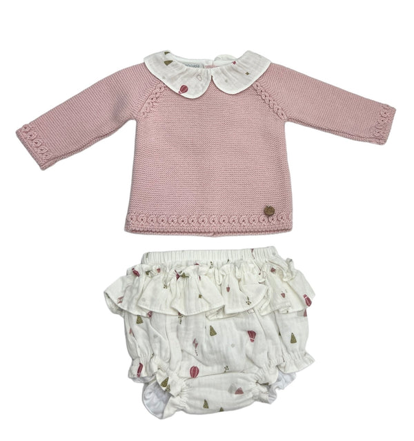 Tutina Spezzata con Coulotte in Filo di Cotone, Traforature e Collo Rouche in Cotone Fantasia