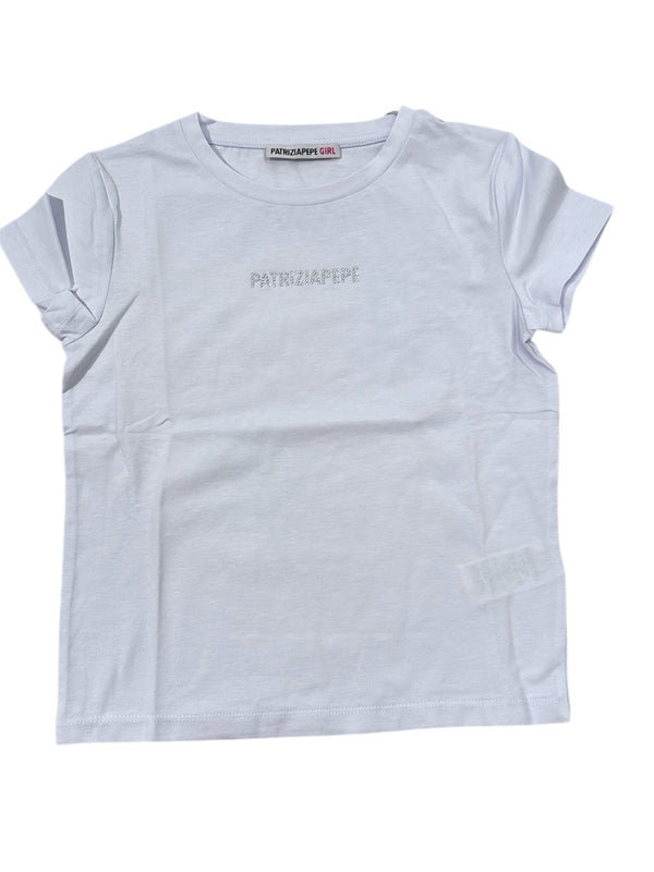Shirt mezza manica di cotone con scritta brillantinata