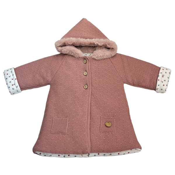 Cappottino in Filo di Cotone con Cappuccio Pelliccia, Foderato Interno Fantasia, Bottoncini in Legno, Taschina