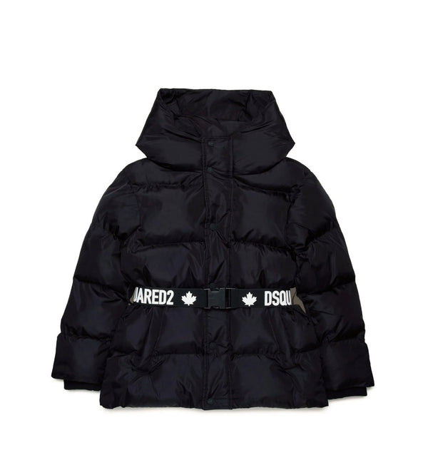 Giubbino con cappuccio e cintura in vita con scritta