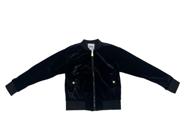 Felpa Girocollo in Velluto con Cerniera in Oro, Tasche e Logo Ricamo