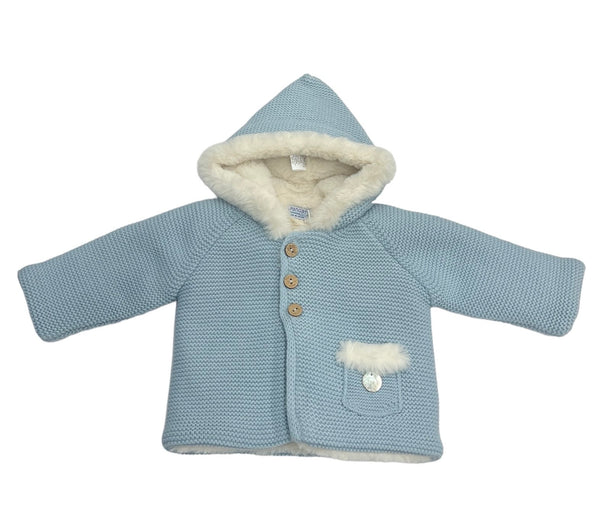 Cappottino in Filo di Cotone con Cappuccio, Foderato in Pelliccia, Bottoncini in Legno, Taschina