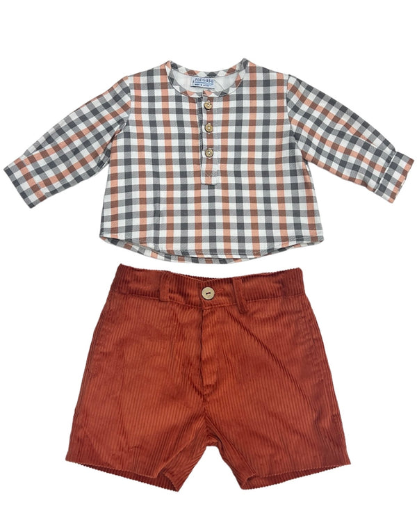 SET di Camicia a Quadri e Bermuda in Vellutino a Coste