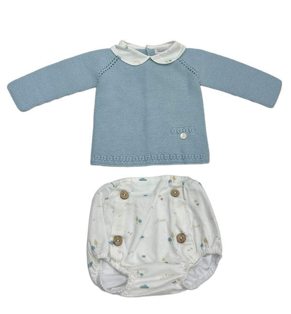 Tutina Spezzata con Coulotte con Bottoni in Filo di Cotone, Traforature e Collo Rouche in Cotone Fantasia