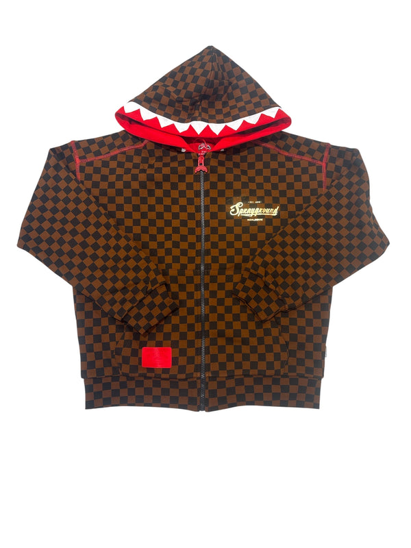 Felpa con zip e cappuccio a scacchi con scritta oro