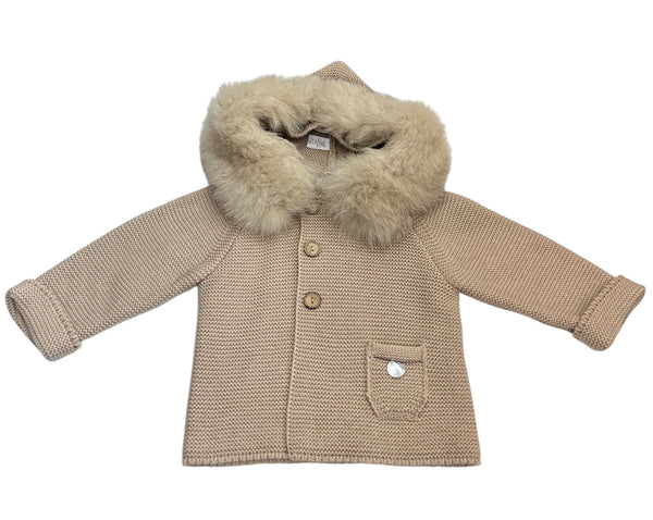 Cappottino in Filo di Cotone con Cappuccio Pelliccia, Bottoncini in Legno, Taschina