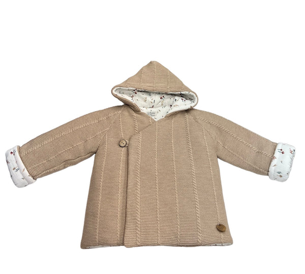 Cappottino in Filo di Cotone con Cappuccio, Foderato Interno Fantasia, Bottoncini in Legno