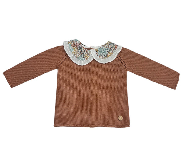 Maglia con Colletto Rouche in Cotone Floreale, Chiusura Dietro con Bottoncini in Legno