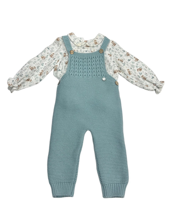 Salopette in Filo di Cotone con Bottoni, Camicia con Collo Rouche in Cotone Fantasia