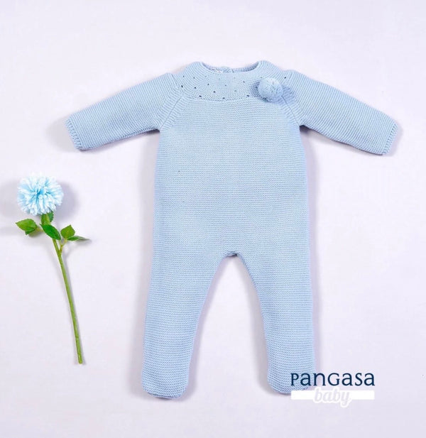 Tutina Intera con Ricami in Filo di Cotone in Tinta Unita con Pom Pon