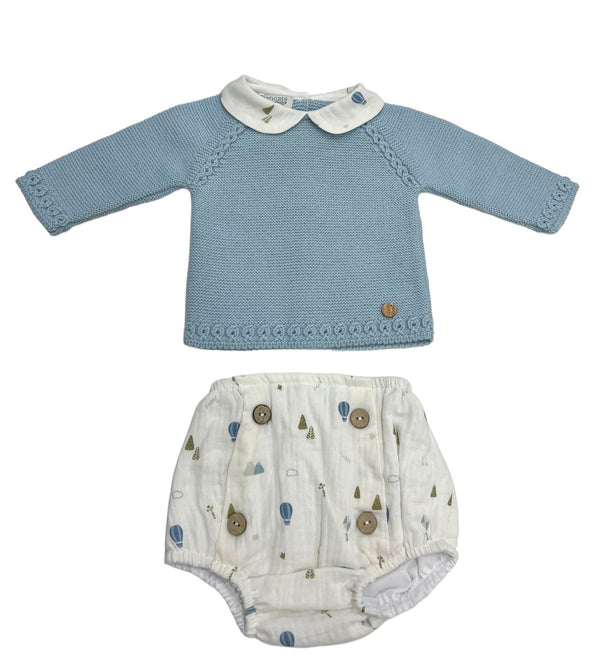 Tutina Spezzata con Coulotte con Bottoni in Filo di Cotone, Traforature e Collo Rouche in Cotone Fantasia