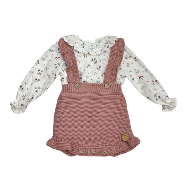 Salopette in Filo di Cotone con Bottoncini, Camicia in Cotone Fantasia con Collo Rouche