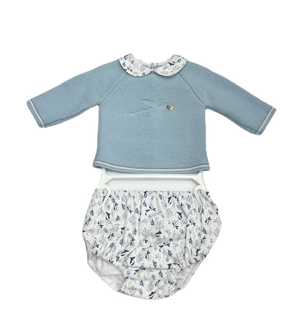 Tutina Spezzata con Coulotte in Filo di Cotone, Traforature e Collo Rouche in Cotone Fantasia