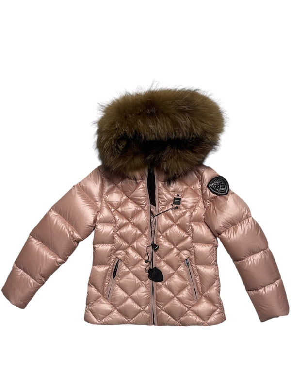 Giubbino corto imbottito in piuma d'oca con cappuccio con pelliccia naturale