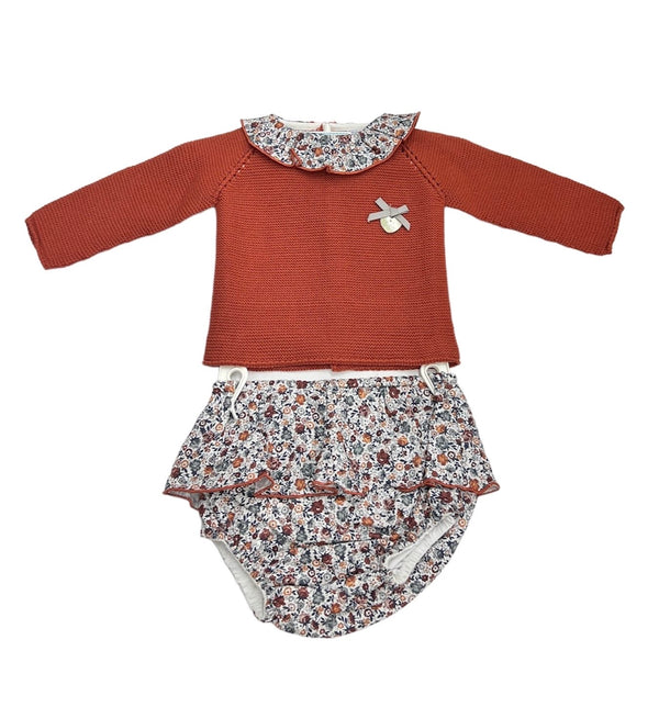 Tutina Spezzata in Filo di Cotone con Coulotte,  Traforature, Collo Rouche in Cotone Fantasia