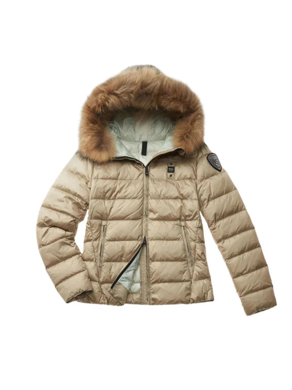ARCADIA JUNIOR  - giubbino corto imbottito in piuma d'oca con cappuccio decorato con pelliccia di volpe