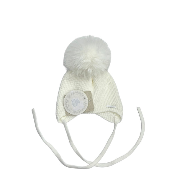 Cappellini in Filo di Cotone con Pom Pon Pelliccia, Tinta Unita, Si Lega al Mento