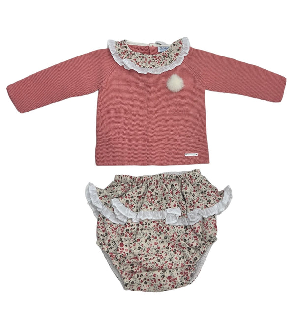 Tutina Spezzata con Pom Pon e Coulotte in Filo di Cotone, Traforature e Collo Rouche in Cotone Fantasia Floreale