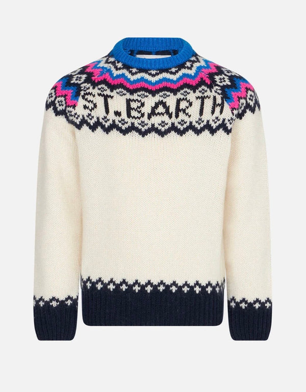 Maglia Jacquard Nordico su Sfondo Bianco Ricamo St.Barth Frontale