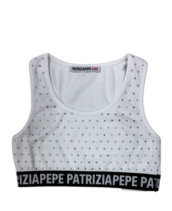 Top brillantinato con logo