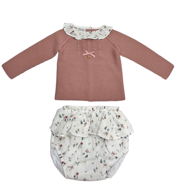 Tutina Spezzata con Coulotte in Filo di Cotone, con Traforature e Collo Rouche in Cotone Fantasia