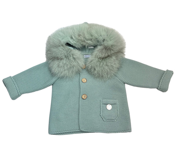 Cappottino in Filo di Cotone con Cappuccio Pelliccia, Bottoncini in Legno, Taschina