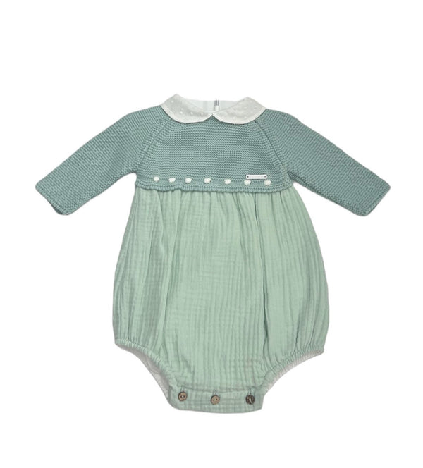 Pagliaccetto Combinato in Filo Cotone, Colletto Rouche in Cotone, Chiusura con Abbottonatura Inferiori