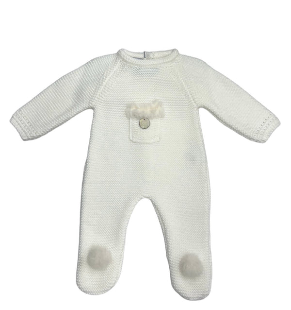 Tutina in Filo di Cotone, Tinta Unita, con Tasche Davanti con Pom Pon