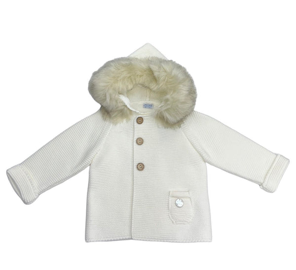 Cappottino in Filo di Cotone con Cappuccio Pelliccia, Bottoncini in Legno, Taschina