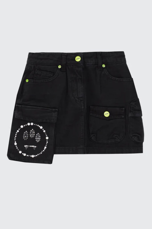 Gonna in denim cargo con logo brillantinato