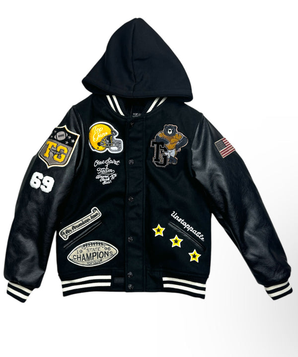 Giubbino college con cappuccio,  zip e bottoni