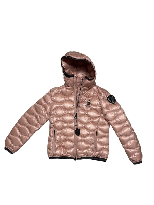 Giubbino corto con cappuccio imbottito in piuma d'oca