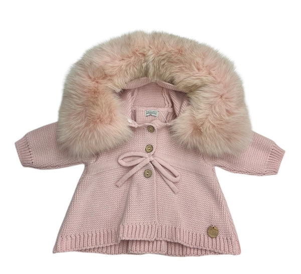 Cappottino in Filo di Cotone con Cappuccio Pelliccia, Bottoncini in Legno e Fiocchi